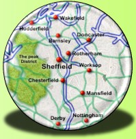 Map displaying cities within Yorkshire & Derbyshire