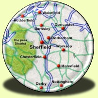 Map showing Sheffield, Worksop, Rotherham, Huddersfield, Derby, Wakefield, Doncaster, Mansfields, Nottingham, Chesterfield, Retford and Barnsley.