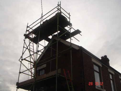 Scaffolding errected in preparation to repairing chimney stack